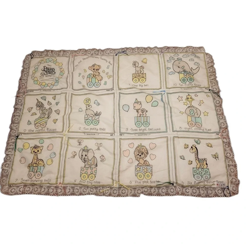 Precious Moments Baby Quilt Blanket Lace Trim USA 42x32